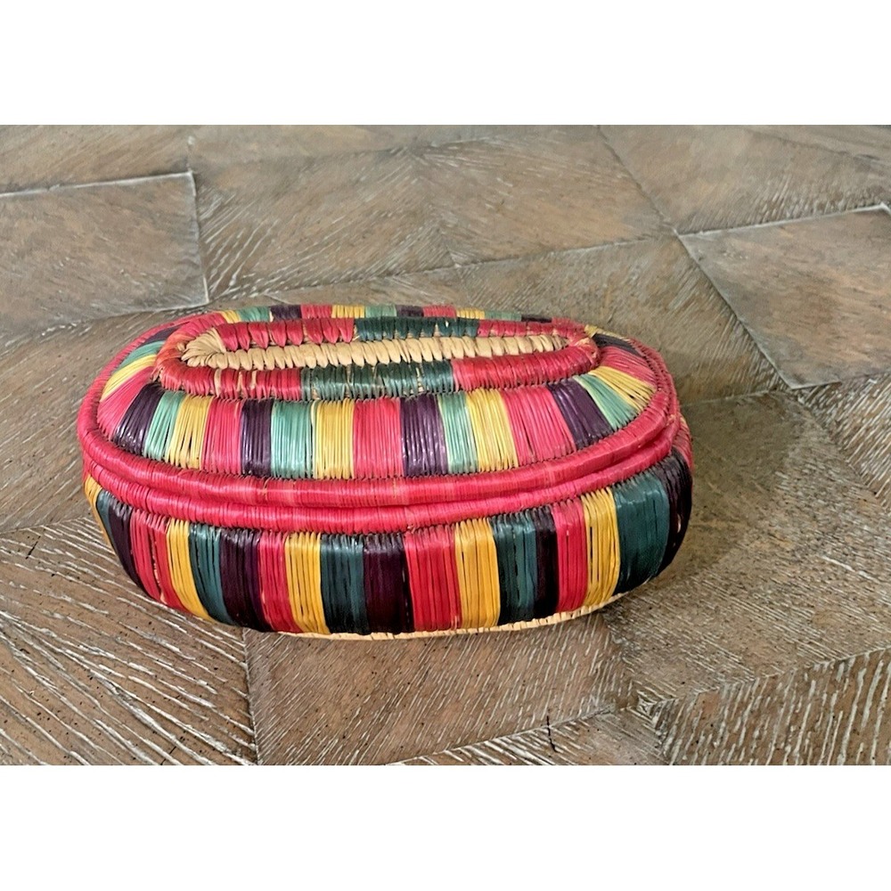 Bright Multicolored Handmade Ethiopian Muday Lidded Basket 9x4"